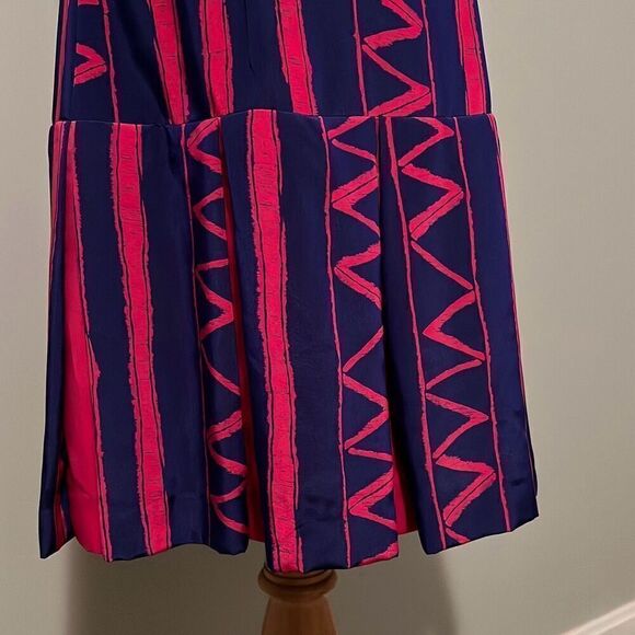 Vintage Women's Pink & Blue Striped Zigzag Spaghetti Strap Pleated Dress - Picture 3 of 9